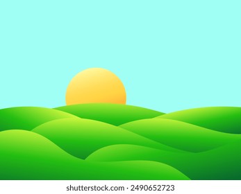 Gradient green meadows at dawn in a minimalist style. Panoramic natural landscape with green hills and the rising sun on the horizon. Design for covers, banners and posters. Vector illustration