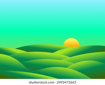 Prados verdes degradados al amanecer en un estilo minimalista. Paisaje natural panorámico con colinas verdes y el sol naciente en el horizonte. Diseño para portadas, Anuncios y carteles. Ilustración vectorial