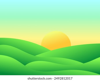 Gradient green meadows at dawn in a minimalist style. Panoramic natural landscape with green hills and the rising sun on the horizon. Design for covers, banners and posters. Vector illustration