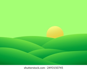 Gradient green meadows at dawn in a minimalist style. Panoramic natural landscape with green hills and the rising sun on the horizon. Design for covers, banners and posters. Vector illustration