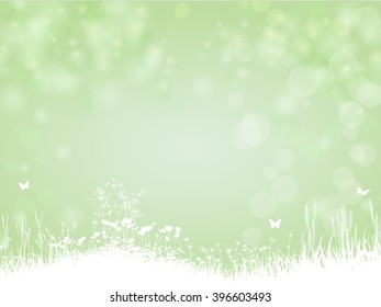 Gradient green paper background with butterfly and plants