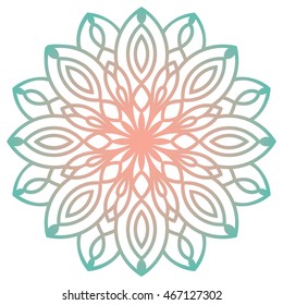 Gradient green and pink mandala isolated on white. Persian, turkish, arabic, circular pattern design. Ornamental round doodle flower. Tibetan mandala. Hand drawn round lace. Vector illustration.