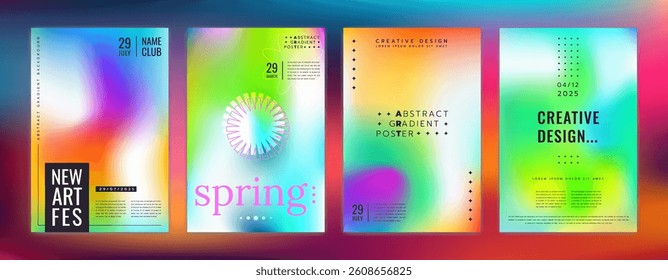 Gradient green poster set. Background abstract, design template for event. Fluid shape, minimal modern layout for presentation. Summer creative cover. Vector banner dynamic forms backdrop collection