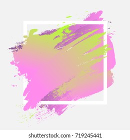 Gradient green purple strokes with paint brush texture in a white square frame isolated on white background. Vector illustration for sale banner, logo. Design for premium festive card, poster design.