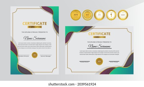 Gradient green and red luxury certificate with gold badge set For award, business, and education needs