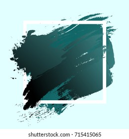Gradient green strokes with paint brush texture in a white square frame isolated on blue background. EPS vector illustration for sale banner, logo. Design for premium festive card or poster design.