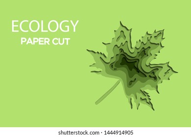 Gradient green wallpaper with a layered effect in the style of a paper cut in the shape of a maple leaf. On the left is the inscription "Ecology", "paper cut". World Earth day concept. Vector 
