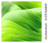 Gradient green-striped vector drawing depicting a tea plantation with human beings working on it