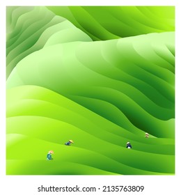 Gradient green-striped vector drawing depicting a tea plantation with human beings working on it