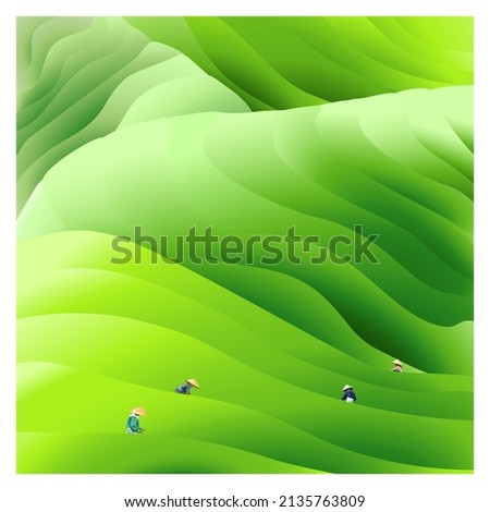 Gradient green-striped vector drawing depicting a tea plantation with human beings working on it
