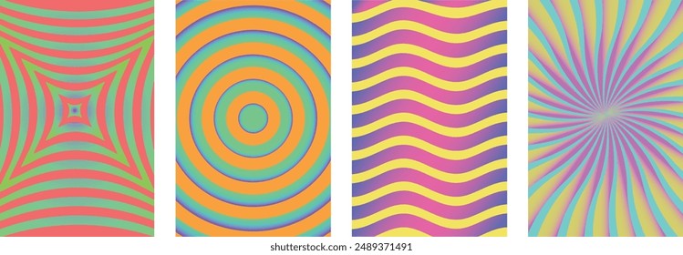 Gradient groovy waves, geometric, and curvy illusion. The circles are green, yellow, blue, and purple. The waves are also colorful and have a psychedelic feel for any background purpose. 