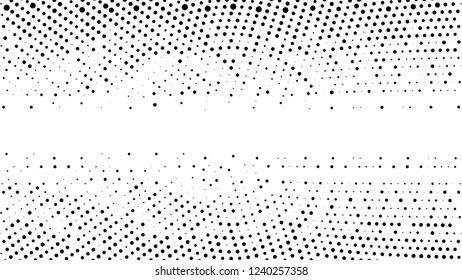Gradient halftone background. Black white random grunge dots texture. Pop Art circle comic pattern. Abstract radial geometric vector pattern. Template for presentation flyer, business cards, stickers