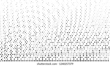 Gradient halftone background. Black white random grunge dots texture. Pop Art circle comic pattern. Abstract radial geometric vector pattern. Template for presentation flyer, business cards, stickers