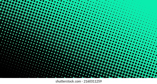  Gradient of halftone black dots on a green background. Pop art texture. Comic background. Vector illustration.