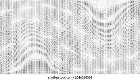 Gradient halftone dots pattern texture background. Black pixels. Modern dotted vector illustration. Abstract wavy lines. Points backdrop. Grunge spotted pattern. Wide image