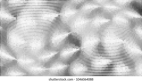 Gradient halftone dots pattern texture background. Black pixels. Modern dotted vector illustration. Abstract wavy lines. Points backdrop. Grunge spotted pattern. Wide image