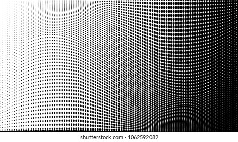 Gradient halftone dots pattern texture background. Black and white pixels. Modern dotted vector illustration. Abstract wavy lines. Pixels backdrop. Grunge spotted pattern. Wide template for web design