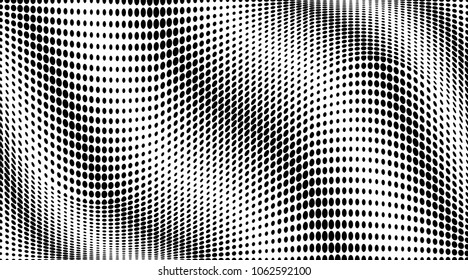 Gradient halftone dots pattern texture background. Black and white pixels. Modern dotted vector illustration. Abstract wavy lines. Pixels backdrop. Grunge spotted pattern. Wide template for web design