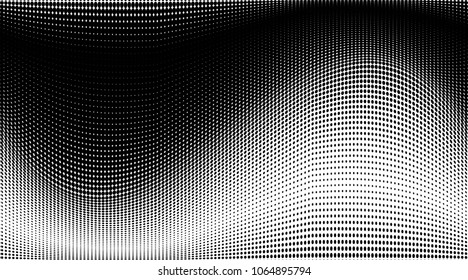 Gradient halftone dots pattern texture background. Black pixels. Modern dotted vector illustration. Abstract wavy lines. Points backdrop. Grunge spotted pattern. Template for web design.Wide image