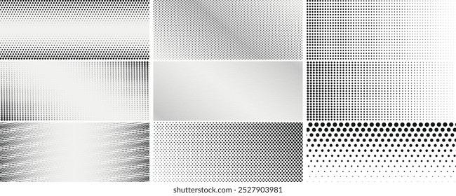 Patrones punteados de semitono degradado. Gradiente punteado, pulverización de puntos lisos y halftones fondo de puntos sin fisuras patrón geométrico Horizontal conjunto de Plantilla de Vector