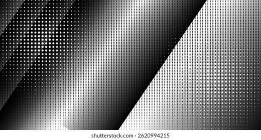 Medio tono degradado. Gradiente punteado, pulverización de puntos finos y semitono sin fisuras de fondo de puntos patrón de Vector geométrico patrón Horizontal conjunto de Plantilla. Vector de puntos