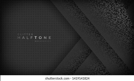 Gradient Halftone Pattern Diagonal Vector Illustration. Silver Dots, Black Halftone Texture. Pop Art Silver Black Halftone, Comics Background. Background Of Art.