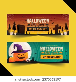 gradient halloween horizontal sale banners set vector design illustration