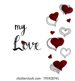 Gradient hand drawn red heart with letter vector background. My love. Greeting card with Valentine's Day.