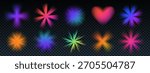 Gradient heart and flower blur element in y2k style with glowing cross shapes. Gradient flower y2k set in red, purple, and orange tones with transparent bg, holographic glow, and soft neon effect.