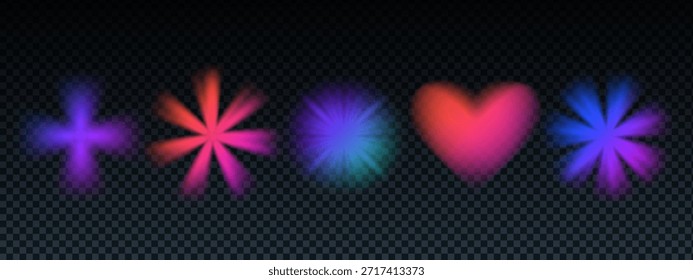 Gradient heart and flower blur element in y2k style with glowing cross shape. Gradient flower y2k set in pink, purple, and blue tones with transparent bg, neon light, and holographic luminous effect.
