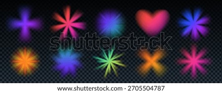 Gradient heart and flower blur element in y2k style with glowing cross shapes. Gradient flower y2k set in red, purple, and orange tones with transparent bg, holographic glow, and soft neon effect.