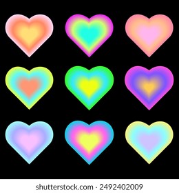 Iconos de corazón degradados. Juego de Vector colorido. Símbolos de amor de neón. Diseño abstracto vibrante.
