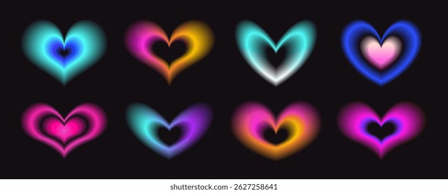 Gradient heart shapes collection y2k style - pink, purple and red colors neon glow effect on black background. Vibrant blurred light silhouettes set, luminous radiance romantic love design symbols.