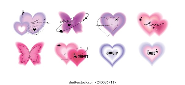 Gradient heart template set, aesthetic love blur shape y2k kit, Valentine’s Day girly minimal icon. Trendy soft pastel romantic figure design butterfly aura effect cute sticker. Gradient heart graphic