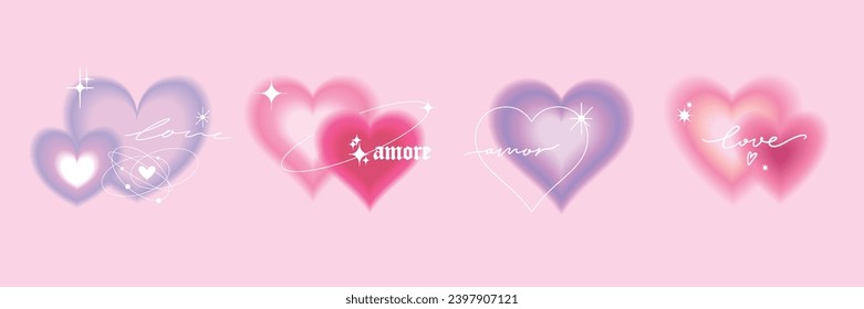 Juego de plantillas para el corazón gradiente, kit de forma borrosa de amor estético y2k, icono mínimo de San Valentín. Diseño de figuras románticas en tonos pastel, efecto aura de color, pegatina. Gradiente gráfico de corazón