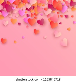  Gradient Hearts Falling Down. Illustration with Pink and Red Hearts for your Design.  Valentines Background for Greeting Card, Invitation, Banner, Wallpaper, Flyer. Vector illustration.