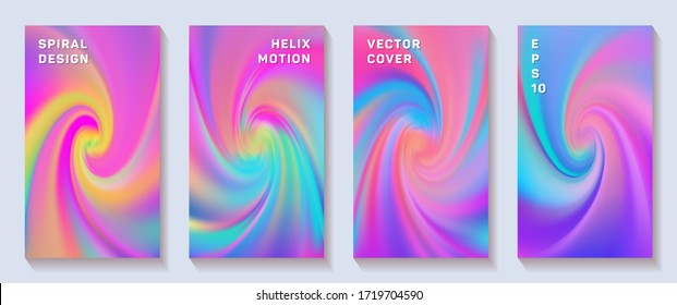 Gradient helix flexure flow cover page templates vector set. Trendy brochure front pages collection. Flyer backgrounds with fluid colors dynamic helix patterns. Torsion screw tech booklet covers.