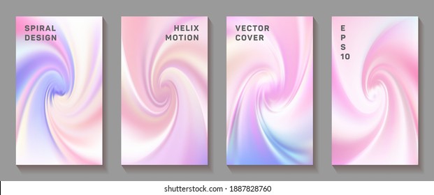 Gradient helix flexure flow cover page templates vector set. Trendy brochure front pages collection. Flyer backgrounds with fluid colors dynamic helix patterns. Torsion screw tech booklet covers.
