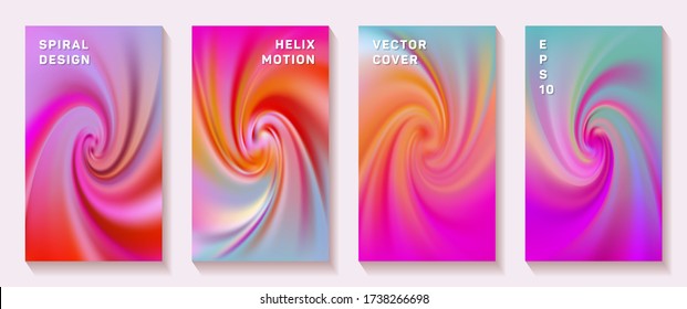 Gradient helix torsion spin cover page templates vector set. Fuzzy brochure front pages collection. Poster backgrounds with fluid colors twist rotation patterns. Vortex spin tech booklet covers.