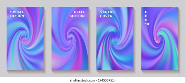 Gradient helix torsion spin cover page templates vector set. Soft brochure front pages collection. Flyer backgrounds with fluid colors dynamic helix patterns. Snail twirl tech booklet covers.