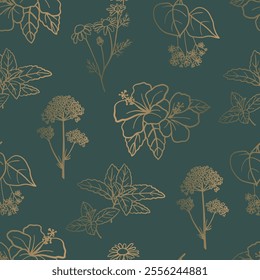 Gradient herbal tea plants seamless pattern. Hand drawn hibiscus, chamomile, valerian, mint, linden elements on dark green background