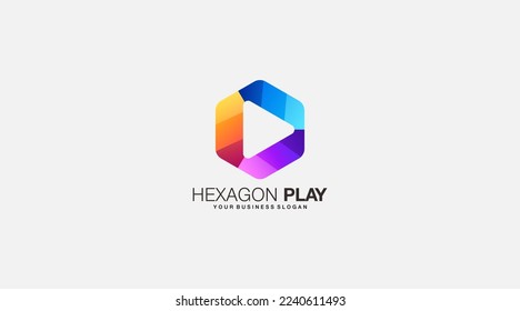 Gradient hexagon play vector logo design illustration 