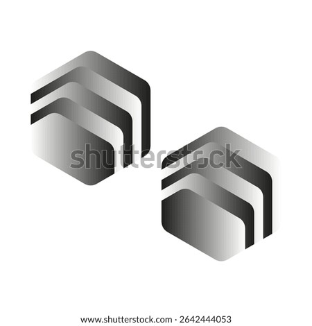 Gradient hexagon symbol. Layered vector shape. Dimensional black structure. Futuristic abstract form.