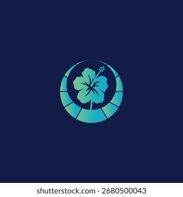 Ilustración de flor de hibisco degradado con contorno de círculo sobre fondo azul marino