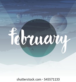 Gradient hills landscape. Abstract background and text on a circle, vector illustration. February - typographic label.