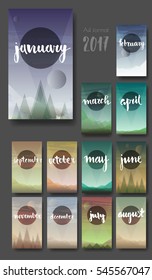 Gradient hills landscape. April hand drawn lettering on the abstract nature background, vector illustration. 