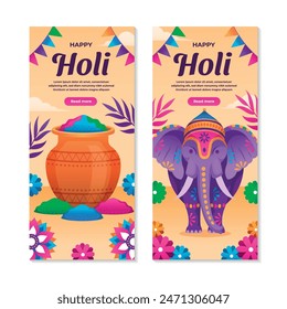 Gradient holi vertical banner template set collection with elephant and colorful powder