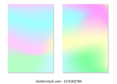 Gradient Hologram Backgrounds. Set of colorful holographic posters in retro style. Vibrant neon pastel texture. Vector gradient template for flyer, banner, mobile screen.