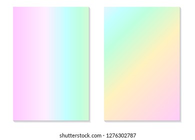 Gradient Hologram Backgrounds. Set of colorful holographic posters in retro style. Vibrant neon pastel texture. Vector gradient template for flyer, banner, mobile screen.