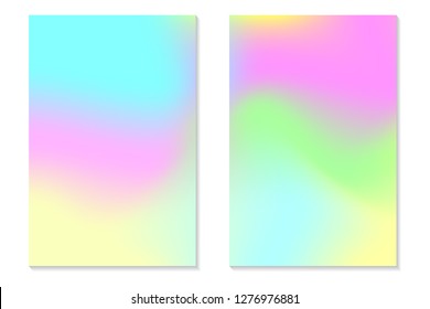 Gradient Hologram Backgrounds. Set of colorful holographic posters in retro style. Vibrant neon pastel texture. Vector gradient template for flyer, banner, mobile screen.